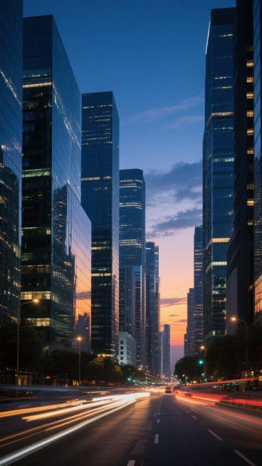 城市夜景，黄昏向夜晚过渡的深蓝色渐变天空，远处点缀着淡淡的云彩，高楼大厦林立，玻璃幕墙反射着落日余晖与城市灯光，建筑群呈现出金属与玻璃的现代质感，街道上有流动的车灯轨迹，光影对比鲜明，突出建筑的立体感和城市的纵深感，整体氛围宁静而繁华。预览效果