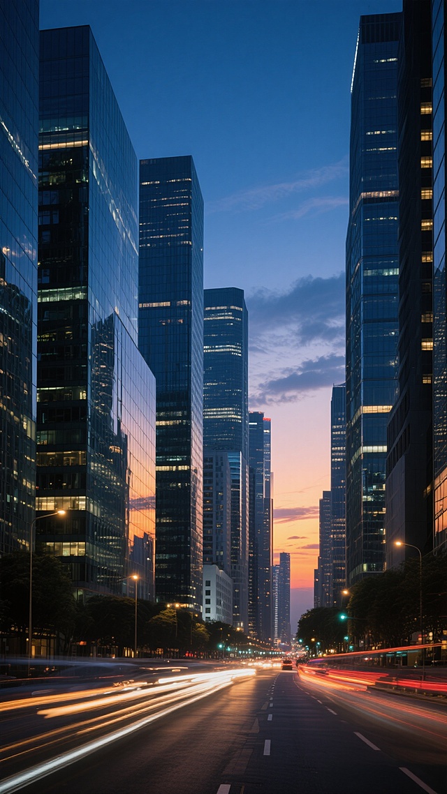 城市夜景，黄昏向夜晚过渡的深蓝色渐变天空，远处点缀着淡淡的云彩，高楼大厦林立，玻璃幕墙反射着落日余晖与城市灯光，建筑群呈现出金属与玻璃的现代质感，街道上有流动的车灯轨迹，光影对比鲜明，突出建筑的立体感和城市的纵深感，整体氛围宁静而繁华。