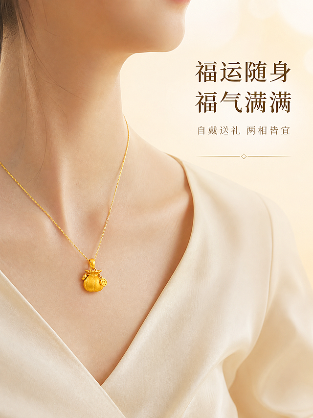 [主图-3] 黄金福袋吊坠 佩戴效果展示 突出上身效果与礼赠氛围。
[统一基调] 整体风格精致高级国风轻奢，背景主色香槟金渐变浅米白，标题字色深金棕，辅助字色浅灰金，强调色哑光金，字体为纤细宋体类衬线体，字号层级分明，卡片与图标用细金线描边，整体克制留白充足，高透光珠宝摄影质感。
[画面] 展示一位东方女性颈部局部特写，仅展示颈部与锁骨区域，肤色白皙细腻，穿着米白色真丝上衣领口。颈部佩戴一条细款黄金项链，项链上悬挂着黄金福袋吊坠，吊坠自然垂落在锁骨中央位置，吊坠造型与原图完全一致：福袋形状饱满，袋口收束，两侧铜钱吊饰，顶部吊环。吊坠大小比例真实，贴肤效果自然，有轻微晃动的光影。背景为虚化的浅香槟金渐变背景，柔和虚化突出主体。画面右侧留有负空间放置文案。
[光影质感] 人像珠宝佩戴摄影质感，柔和自然光感柔和均匀打亮颈部与吊坠，皮肤质感自然，金色吊坠在皮肤上有柔和的金色反光，皮肤质感细腻通透，吊坠金属光泽纯正，足金色泽饱满，整体氛围温柔高级。
[配色] 浅香槟金渐变背景，米白真丝上衣，金色吊坠，整体暖色调统一，与前两张图色系统一。
[文字版式] 画面右侧上方主标题"福运随身 福气满满"，纤细宋体大号深金棕色。主标题下方小字"自戴送礼 两相皆宜"，浅灰金色小号字体。底部有细金线装饰分隔。文字均放在右侧负空间，不遮挡人物与吊坠。
[输出要求] 比例3:4，文字清晰可读，产品清晰不失真，人物颈部自然，负向：变形、错字、模糊、杂乱、水印、平台Logo、塑料感、面部扭曲、手指畸形、吊坠变形、发灰发青。