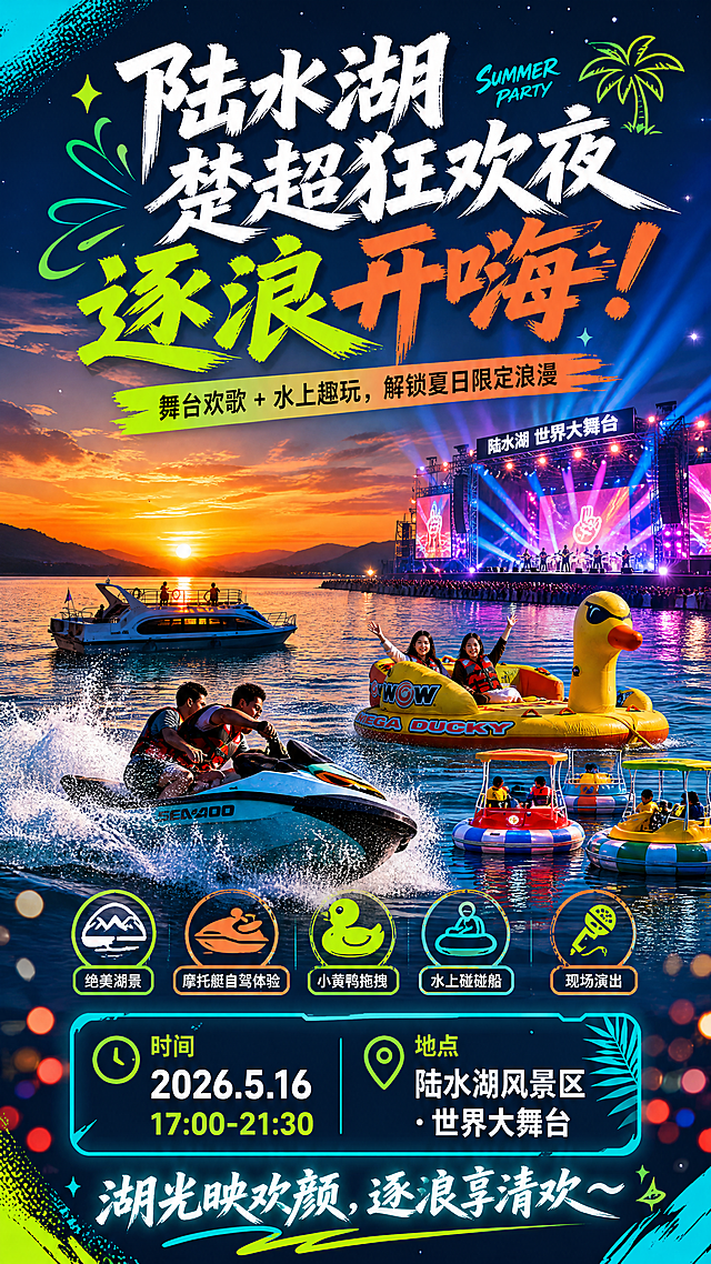 陆水湖楚超狂欢夜宣传海报，主标题："陆水湖楚超狂欢夜 逐浪开嗨！"，副标题："舞台欢歌 + 水上趣玩，解锁夏日限定浪漫"。卖点：绝美湖景、摩托艇自驾体验、小黄鸭拖拽、水上碰碰船、现场演出，时间：2026.5.16 17:00-21:30，地点：陆水湖风景区・世界大舞台，Slogan："湖光映欢颜，逐浪享清欢～"，整体活力夏日氛围感，调整排版和色彩搭配，重新设计