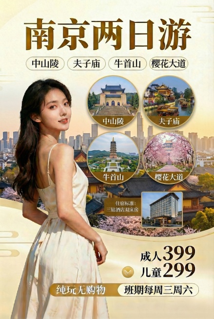 将背景中的三钻酒店照片替换为南京城市天际线与鸡鸣寺融合的风景图，保持海报其余元素不变预览效果