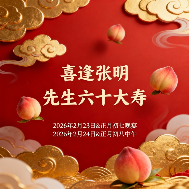 喜逢张明先生六十大寿生成一个动态的图2026年2月23日&正月初七晚宴
2026年2月24日&正月初八中午
智能图像预览效果