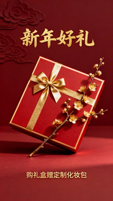 竖版极简风新年美妆礼盒推广海报，奢华赠品风格，采用哑光深红与磨砂金配色方案。画面聚焦于高端红色哑光礼盒，饰以鎏金边框与箔金丝带蝴蝶结，斜置一枝鎏金梅花枝于礼盒侧畔。背景为纯色哑光红底衬以暗浮雕云纹，大预览效果