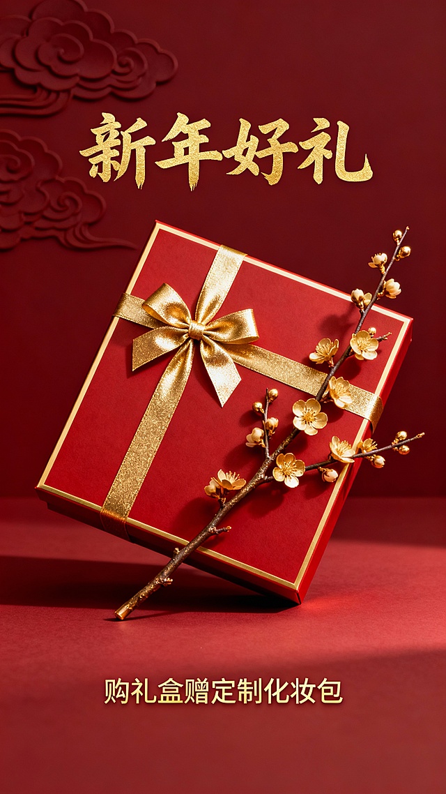 国潮风重拟物设计，鎏金浮雕质感，红金配色彰显喜庆奢华，梅花枝点缀中式韵味，新年礼盒尽显精致仪式感。