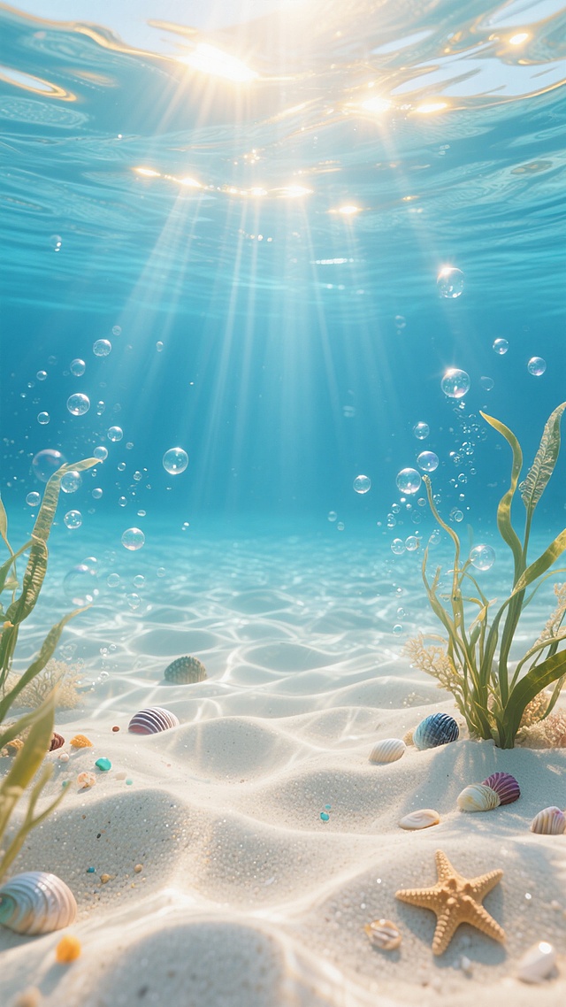 超写实水下场景，清澈透明的蓝色水域，阳光从水面穿透形成多束耀眼的金色光束，照亮整个画面，底部是细腻柔软、呈现自然波浪纹理的白色沙床，沙粒带有细微的反光质感，无数大小不一的气泡从下方缓缓上升，悬浮在水中，点缀着几株形态优雅的海草随水流轻轻摇曳，零星散布着色彩斑斓的小贝壳和海星，整体氛围宁静、纯净、梦幻，光影效果柔和且富有层次感，细节丰富，画面通透。