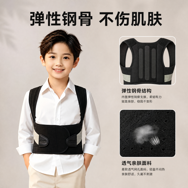 [主图-2] 三步挺坐姿矫正器核心亮点展示，清新自然风格，主体大图加侧边细节框排版。
[氛围风格] 清新干净自然，简约专业
[画质] 商业摄影质感，光线柔和通透，产品清晰真实，画面干净高级
[元素]预览效果