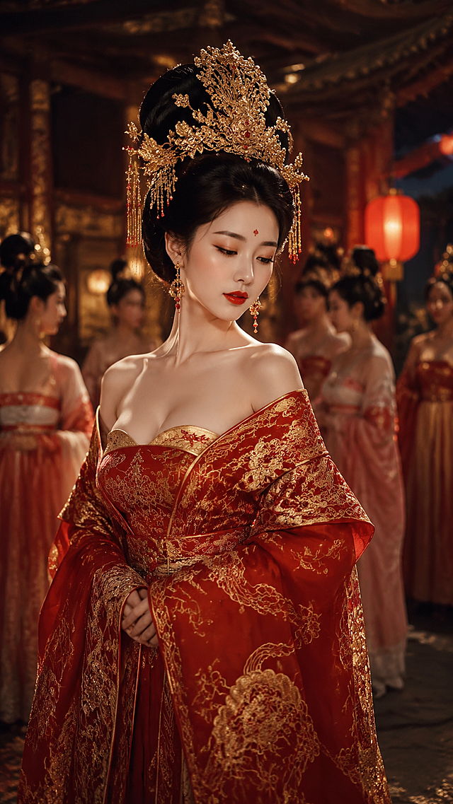 身材非常好的纤细杨贵妃，身穿大红色织金云锦宫装，真实人像质感，古典唐代宫廷场景