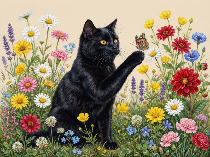 画面中间是一只纯黑色猫，毛发浓密油亮，带有细腻的纹理质感，眼睛是明亮的金黄色，身体坐立在花丛中，在抓一只蝴蝶，胡须清晰分明，整体形象生动且富有生命力。猫咪被一片繁茂的野花花海环绕，包含多种色彩鲜艳的花预览效果