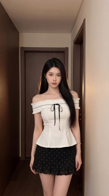 保留图二的人物面部，将图一人物的穿搭完全换到图二人物身上，去掉包包：白色一字肩木耳边收腰摆上衣搭配黑色波点百褶短裙，上衣领口有黑色蝴蝶结系带。保持人物原有发型，给发型添加灯光效果。更换场景背景为现代简预览效果