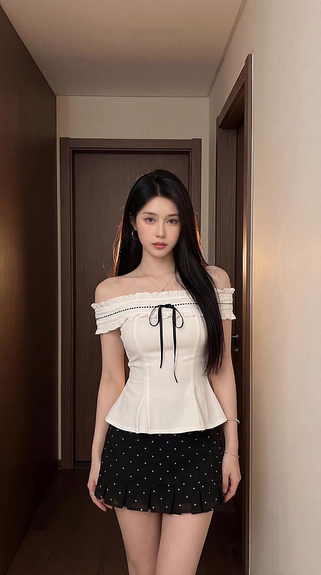保留图二的人物面部，将图一人物的穿搭完全换到图二人物身上，去掉包包：白色一字肩木耳边收腰摆上衣搭配黑色波点百褶短裙，上衣领口有黑色蝴蝶结系带。保持人物原有发型，给发型添加灯光效果。更换场景背景为现代简约居家空间：右侧是浅米色平整墙面，与简洁利落的深棕色木质门框紧密贴合，干净素雅无多余装饰；左侧是偏暗偏暖的深棕色墙面，与右侧浅米色墙面形成明暗对比，墙面平整，营造静谧氛围；上方是浅米色墙面与天花板的过渡，天花板边缘线条简洁，光线柔和偏暗，增加空间层次感和温馨感；左侧边缘可见深棕色地面，推测为木质地板或同色系地砖，与墙面色调呼应；人物身后是一扇与门框同色的深棕色简约木质室内门，是典型现代居家卧室或走廊门样式，整体环境光线偏暖偏暗，营造私密温柔的室内氛围。