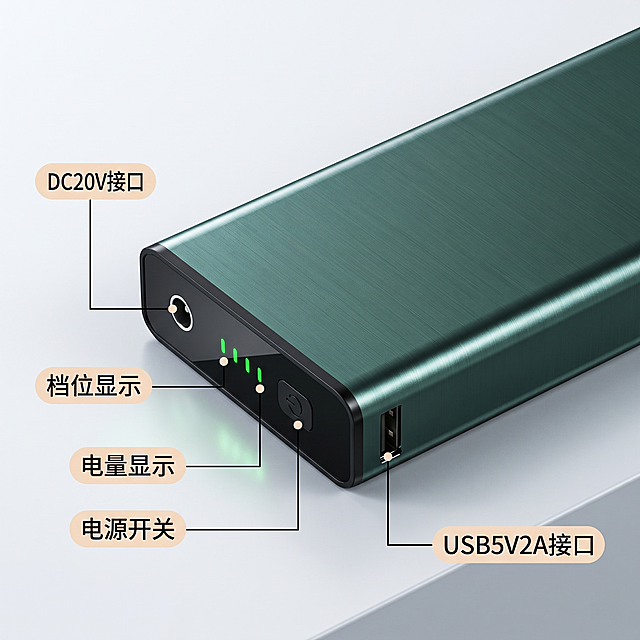 [主图 3] 电池接口细节功能标注主图。[氛围风格] 科技质感 精准清晰。[画质] 商业摄影质感、光线柔和通透、产品清晰真实、画面干净高级。[元素] 墨绿色电池斜置居中展示接口细节，对DC20V接口、档位显示、电量显示、电源开关、USB5V2A接口五个部分使用纤细引线进行标注。保持电池外观结构颜色与原图完全一致，精细化处理纹理。商品主体占比70%左右，背景为纯净浅灰色哑光台面。[光影] 冷侧光突出金属外壳拉丝质感，接口位置加局部点缀光，清晰展示细节。[配色] 浅灰背景，墨绿色主体，黑色引线文字，对比清晰。[视角构图] 斜置平视特写构图，景深适中，重点突出接口区域。[文字版式] 每个引线末端使用浅米色圆角标签，标签内黑色文字标注接口名称，字重适中，不遮挡主体。[比例分辨率] 1:1 比例，2k 分辨率，文字清晰可辨，超高清。[负向提示词] 变形，水印，文字错乱，产品图模糊，背景杂乱，遮挡主体。