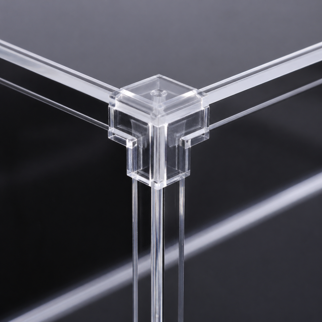 Close-up shot of the corner connectors of the acrylic display case, highlighting the sturdy and secu预览效果