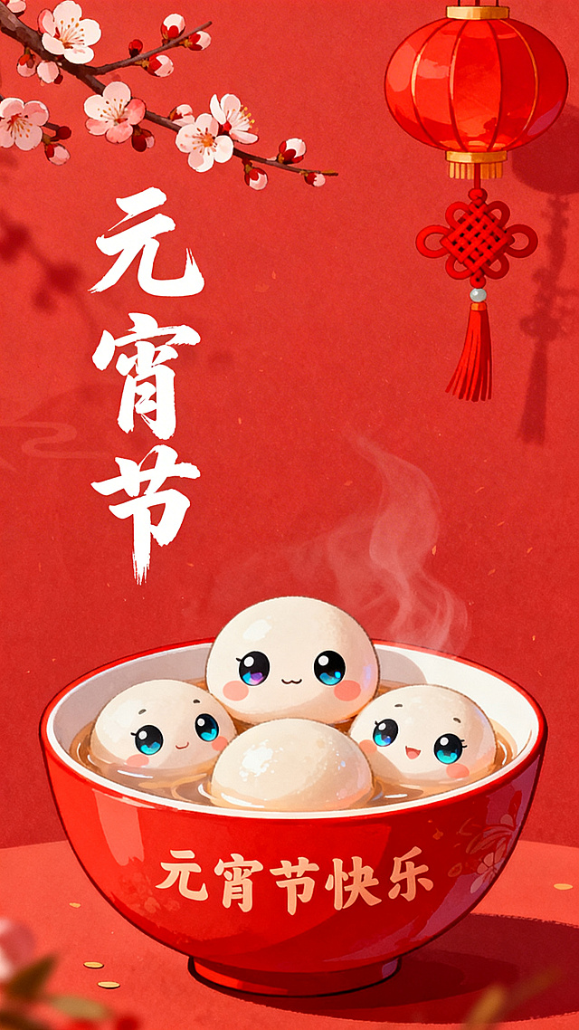 红色为主色调的元宵节插画，上方点缀梅花、红灯笼、中国结营造节日氛围，中间偏左上是白色书法字体“元宵节”，画面下方是红碗盛着的汤圆，汤圆是圆鼓鼓、有着水灵灵大眼睛的可爱小玩偶，碗上写有“元宵节快乐”字样，整体构图简洁，突出传统元素