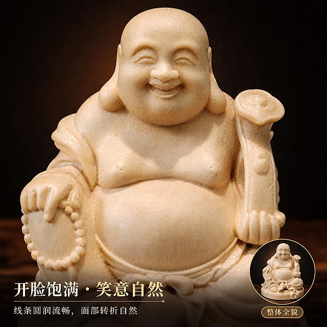 [主图-3] 开脸与表情细节微距：放大头部与上身，展示面部雕刻与刀工。
[统一基调] 新中式东方器物商业摄影（深色影调）：深棕黑渐变背景与深胡桃木台面；主色=深棕黑与暖琥珀；标题色=暖米白；正文色=浅暖灰；强调色=暗金（仅用于小面积标签、引线、分隔线）；标题字=宋体类衷线粗体，正文字=细体宋体；全部文字横排。
[画面] 以【图1】正面全貌为基准，把人物头部与上身裁切放大至约占画面 85%，严格保持五官比例、耳形、喜笑的神态与颈部衣纹刀工与原图完全一致；焦点准确、雕刻线条与木纹清晰锐利；背景为深棕黑渐变并带柔和暖光晕，仅背景可轻度虚化；画面右下角放一个拇指大小的圆形全貌小窗用于定位说明；左下留出一行文案区。商品保真：浅米白象牙调实木雕刻坐姿人物摆件——光头、双耳垂肩、喜笑颜开、袒胸大肚，画面右侧倚一枚如意头饰；木料顺纹清晰、打磨温润，本体无任何文字或刻字；不改动、不美化、不简化面部与衣纹细节。
[光影质感] 左上 45 度柔主光加右后暖琥珀轮廓光，鼻梁与脸颊有柔和明暗过渡，刀工转折清晰，木面呈温润哑光。
[配色] 深棕黑背景，暖米白标题，浅暖灰正文，暗金仅用于小标签与引线；避免冷蓝冷灰成为背景主色。
[文字版式] 左下横向：主标题「开脸饱满 · 笑意自然」，正文一行「线条圆润流畅，面部转折自然」；圆形小窗旁小标签「整体全貌」；全部横排，不遮挡面部。
[输出要求] 1:1正方形，2K高清；焦点准确、纹样清晰锐利，禁止虚化模糊柔焦雾化（仅背景可虚化）；负向：任何英文可见文字、人物称谓或宗教名号文字、任何数字、面部变形、五官改变、表情改变、胡须、衣物改变、衣纹错乱、背景出现竹篱或布料、水印、平台Logo、二维码、功效或祈福类文案、绝对化用语、竖排或旋转文字。