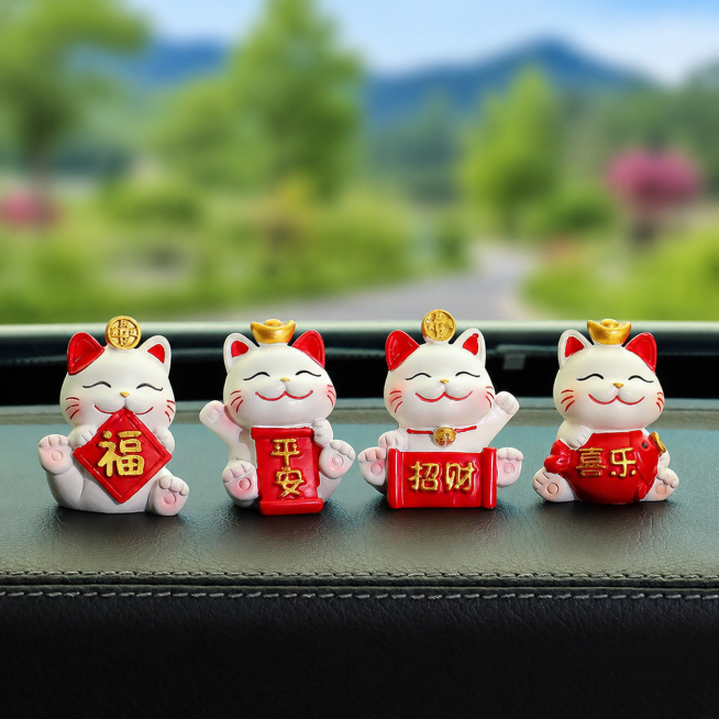将图片背景替换为模糊的户外风景，保持前景的四个招财猫摆件和黑色中控台完全不变，背景模糊程度和原图一致预览效果