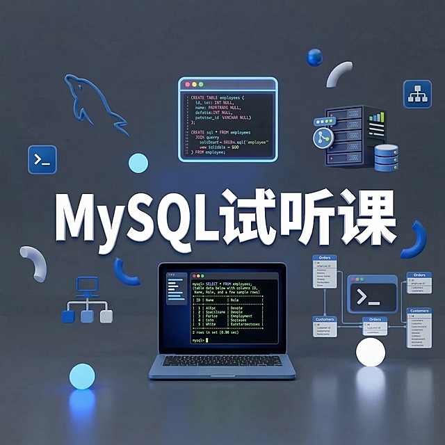 按原图风格生成新图：主标题改为"MySQL试听课"，保留原图的蓝白科技感3D渲染风格、深灰渐变背景、悬浮装饰元素的布局，将原有的Linux相关元素替换为MySQL相关元素（如数据库图标、SQL命令界面、数据表、海豚图标等），整体保持专业IT培训视觉调性
