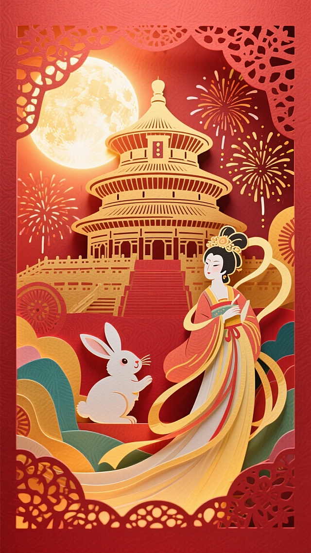 一幅精美的中国剪纸艺术，主题是中秋团圆和国庆华诞，画面中有月亮、兔子、嫦娥、天坛和烟花，红色和金色为主色调，其他颜色来丰富画面，复杂的镂空细节，喜庆的节日氛围，高清画质。