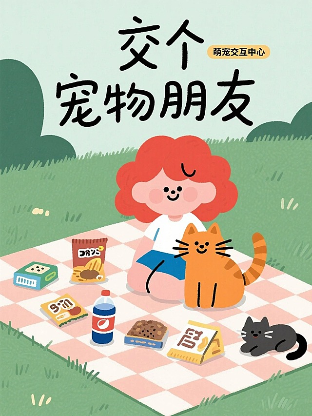 扁平化插画，一个红色卷发女孩和她的橘猫做格子地毯上地摊上放着零食饮料和猫粮，草地，手写字体标题“交个宠物朋友”夸张可爱的风格字体，小字“萌宠交互中心”，杂志风格排版，日系，高级，画风可爱，极简