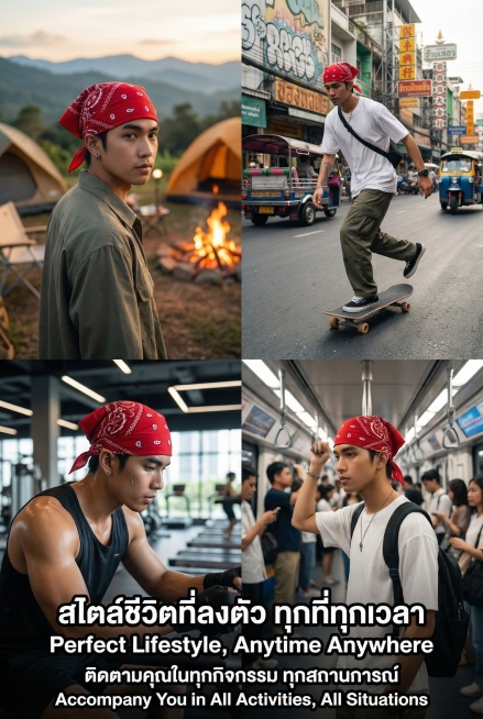2:3 竖屏，TikTok Shop 泰国站详情页第九屏，严格还原上传的产品图（红色腰果花印花海盗头巾帽，头部包裹区约 28cm×20cm，尾部系带长度约 35cm，尺寸比例保持 1:1，包括包装设计预览效果