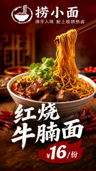 保留图一中的所有文字信息：招牌“捞小面”标语、“红烧牛腩面 ¥16/份”等文字排版不变，将图一中的产品图片替换为图二的红烧牛腩面产品图，保持整体红色复古餐饮风格和布局不变预览效果
