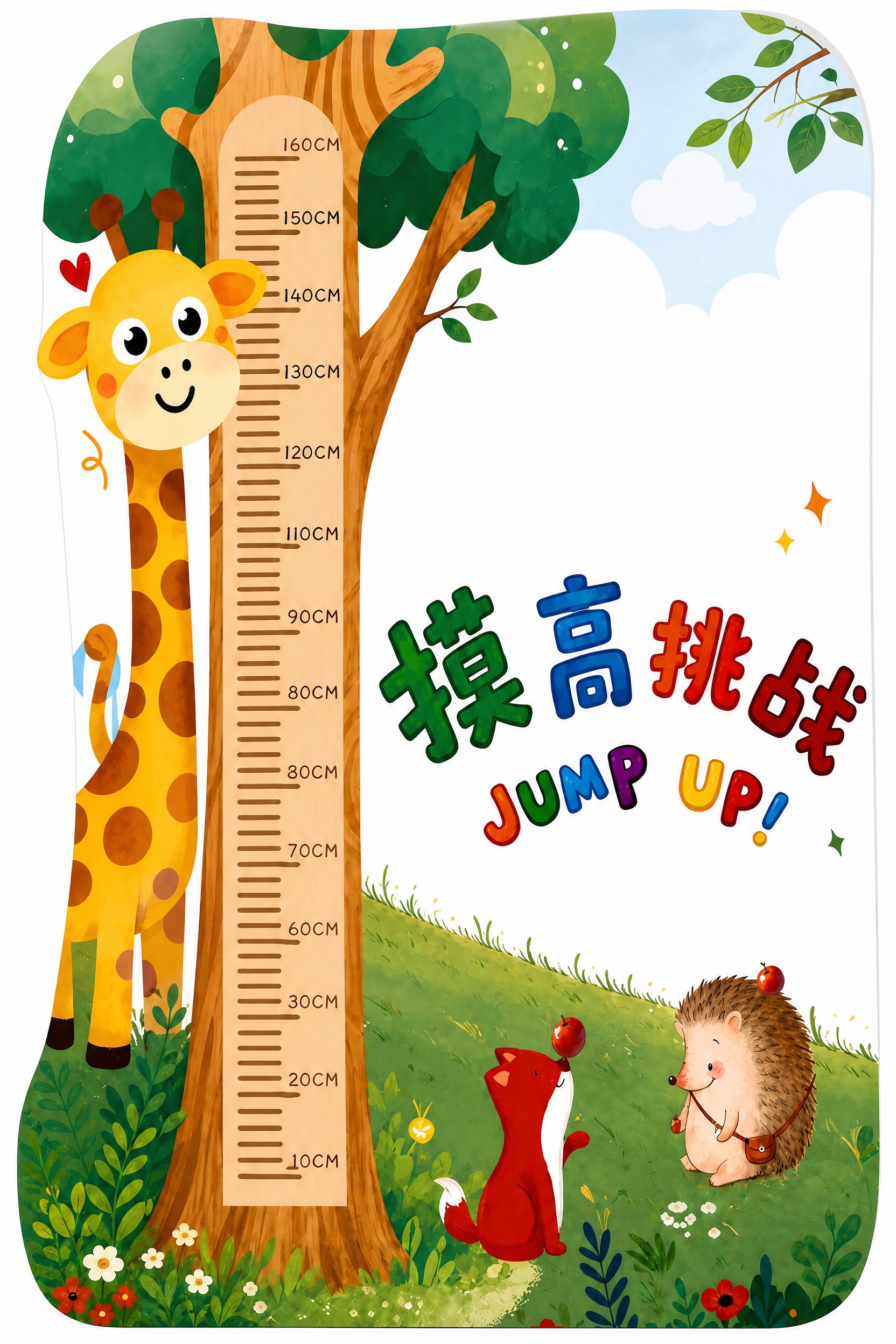 在保持原有摸高挑战立牌整体风格、左侧身高尺、长颈鹿、大树、底部… - 图片创意预览