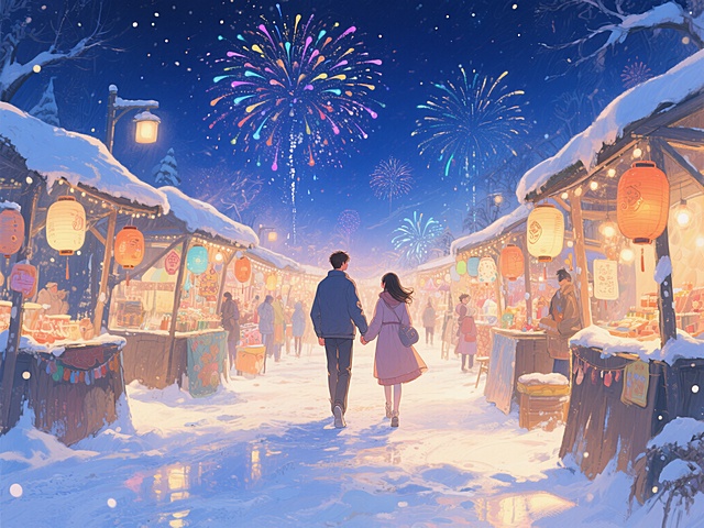 梦幻雪夜市集，动漫风插画，水彩质感光影交织，烟花绽放映衬温馨浪漫，情侣牵手前行，尽显唯美节日氛围。