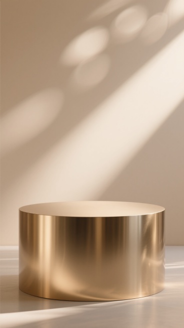 极简主义展台设计，采用低饱和度的米色和柔和金色为主色调，圆形展台台面呈现光滑的金属质感，表面有细腻的光影反射，背景为模糊的暖色调光斑，光线从上方斜射下来在台面上形成自然的明暗过渡和柔和阴影，整体氛围优雅、简约且具有高级感，没有任何多余的装饰元素，突出展台本身的形态美和材质感。预览效果