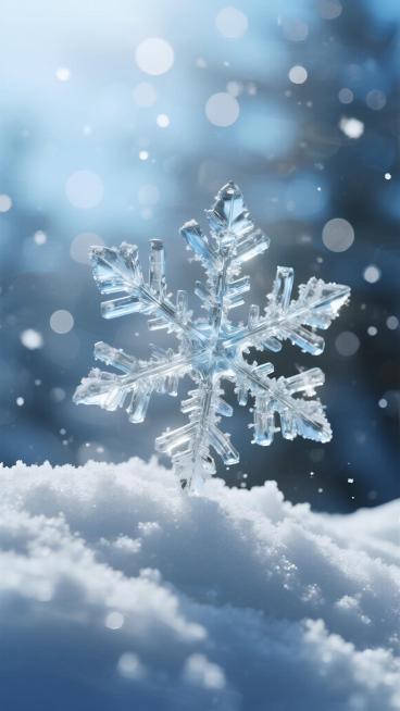 一张极致高清、充满梦幻感的冬季特写图像：前景是一片晶莹剔透、结构精密的六角形雪花，其边缘锐利如冰晶切割，表面布满细微的冰裂纹理与闪耀的高光，仿佛由纯净的蓝白色玻璃雕琢而成；雪花稳稳立于蓬松柔软的积雪之上，雪地呈现细腻的颗粒质感与柔和的起伏轮廓；背景是朦胧的浅蓝色天空，点缀着大量大小不一、虚化柔和的圆形光斑（bokeh），营造出飘落的雪花与梦幻的氛围；整体色调以冷冽的冰蓝与纯净的白色为主，光影柔……预览效果