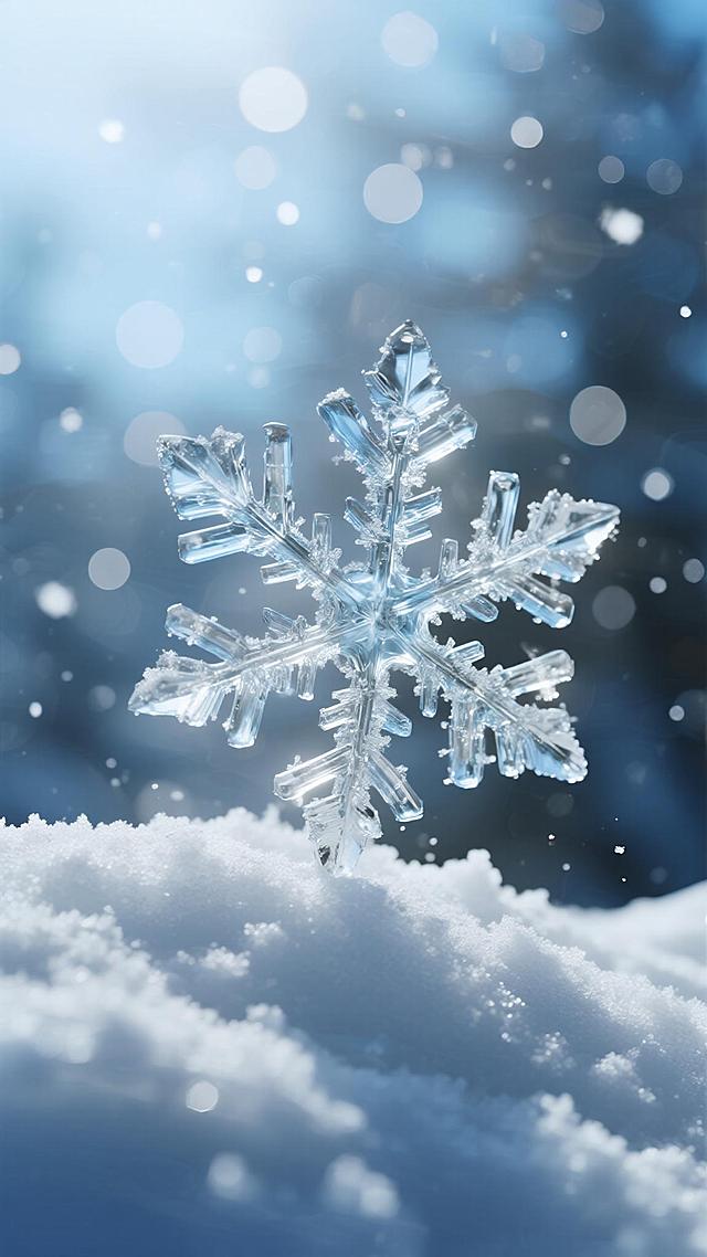 一张极致高清、充满梦幻感的冬季特写图像：前景是一片晶莹剔透、结构精密的六角形雪花，其边缘锐利如冰晶切割，表面布满细微的冰裂纹理与闪耀的高光，仿佛由纯净的蓝白色玻璃雕琢而成；雪花稳稳立于蓬松柔软的积雪之上，雪地呈现细腻的颗粒质感与柔和的起伏轮廓；背景是朦胧的浅蓝色天空，点缀着大量大小不一、虚化柔和的圆形光斑（bokeh），营造出飘落的雪花与梦幻的氛围；整体色调以冷冽的冰蓝与纯净的白色为主，光影柔和且富有层次，光源来自斜上方，在雪花与雪地上投下微妙而自然的阴影，强化立体感；画面构图采用近景特写，焦点精确落在雪花上，背景深度虚化，形成强烈的视觉引导；整体氛围宁静、纯洁、唯美，带有童话般的魔幻气息，风格为超写实摄影结合轻微的数字艺术渲染，强调材质的真实感与光影的诗意。