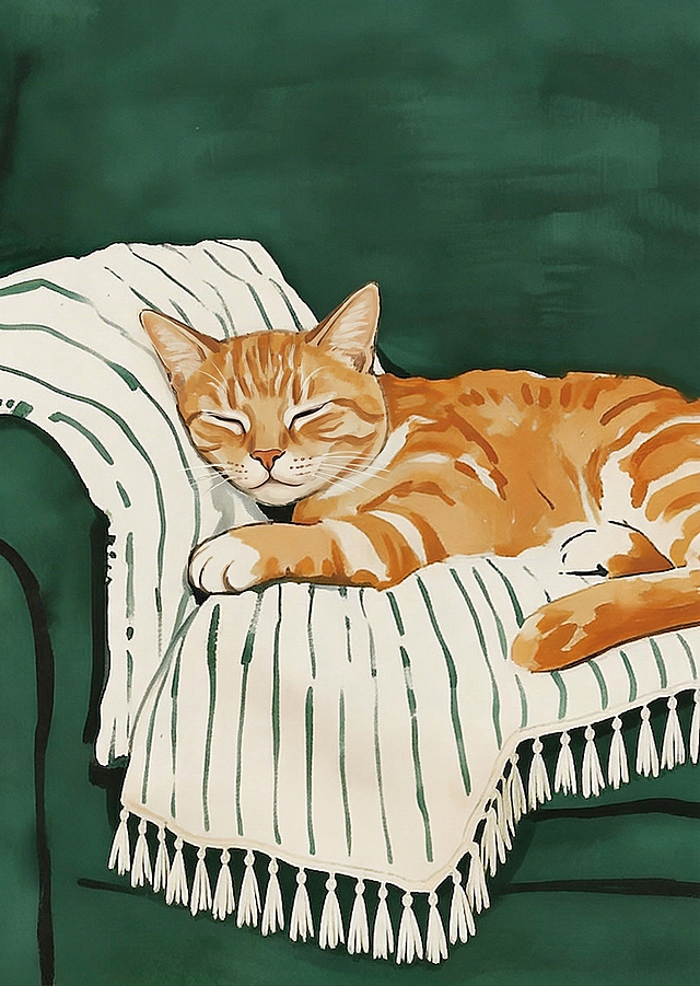 修改猫咪的五官，保持猫咪闭着眼睛睡觉的姿态，保留整体画面：橘猫趴在墨绿色沙发带白色绿条纹流苏靠垫上睡觉的水彩插画风格不变