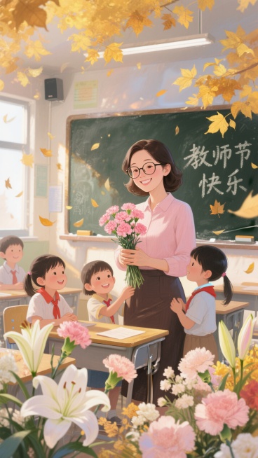 暖黄与柔粉交织的画面里，中心是戴眼镜的微笑女教师，双手捧着粉康乃馨。周围围着几个可爱的小学生，满是敬爱与亲昵。
教室背景中，黑板上面写着“教师节快乐”，金黄秋叶悠悠飘落。前景与四周点缀着百合、康乃馨等预览效果