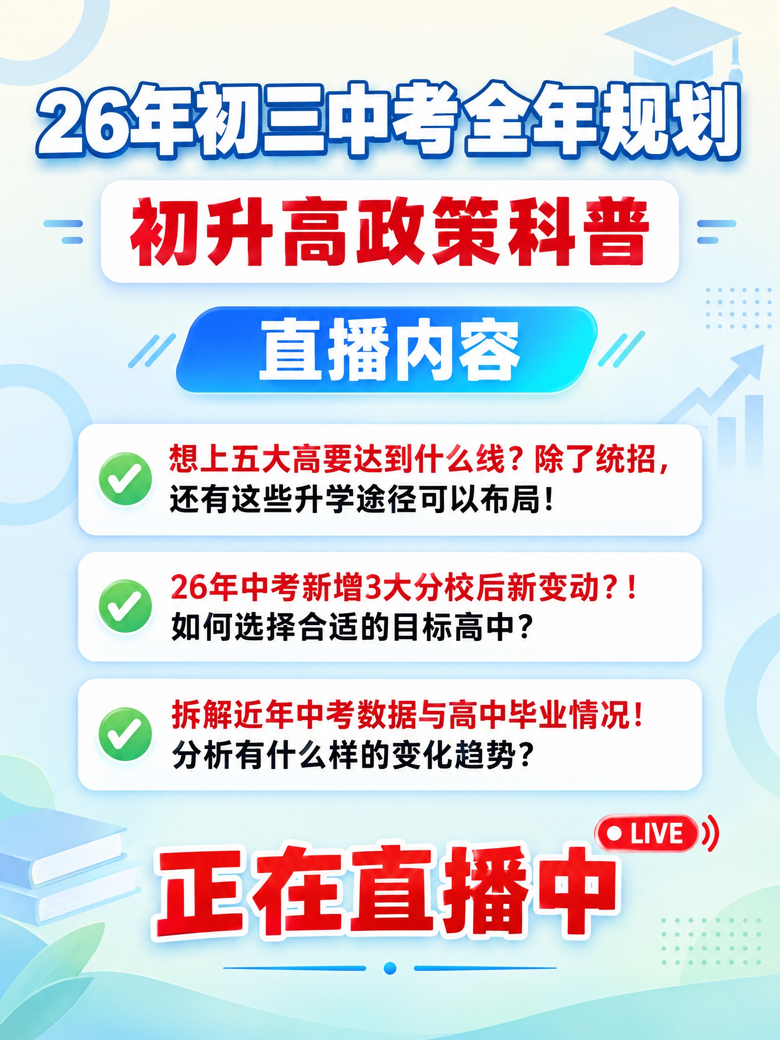 基于参考图的内容和结构，重新设计一张教育风格的初升高政策直播封… - 图片创意预览