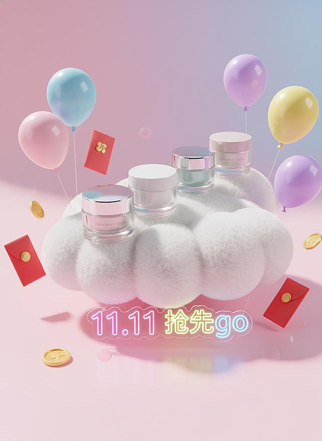 梦幻软3D风格，云朵托举护肤瓶，霓虹灯字“11.11抢先go”，气球、红包与金币环绕，甜蜜喜庆，充气感毛发生长元素营造轻盈双11促销氛围。