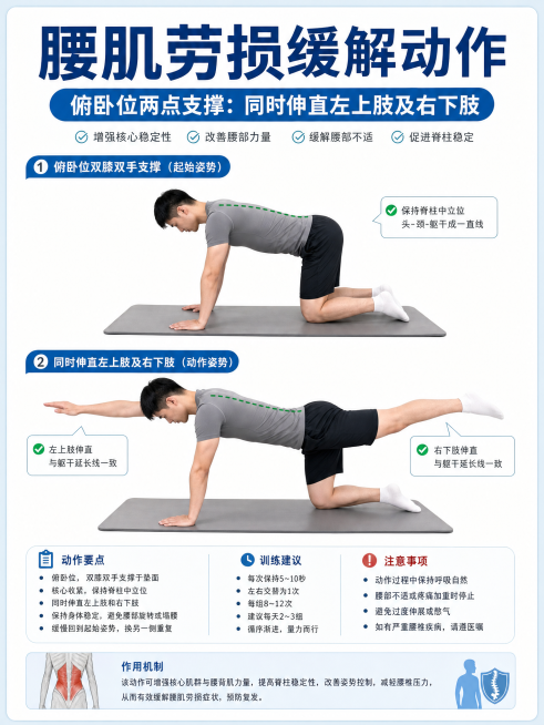 医学插画，真人演示腰肌劳损缓解动作：俯卧位两点支撑，俯卧位双膝双手支撑，同时伸直左上肢及右下肢，干净简洁的背景，专业医疗科普风格预览效果