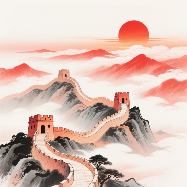 党建主题插画，纯净白色背景，中国传统水墨风格与现代渐变色彩融合，雄伟的长城蜿蜒于层叠山峦之上，城楼细节精致，红日高悬天际，霞光染红云海与山脉，整体色调以中国红和暖橙色为主，线条流畅柔美，画面简洁大气，兼具历史厚重感与时代精神，营造庄重而富有希望的氛围。预览效果