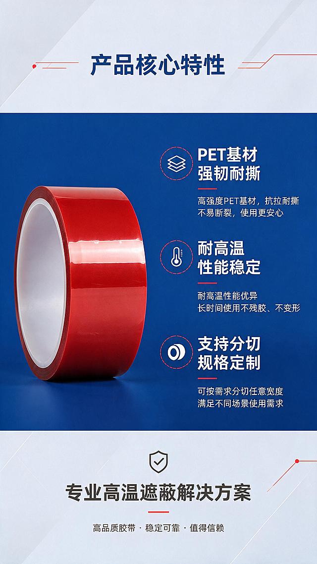 将图中所有绿色PET高温胶带替换为【图9】中的亮红色PET高温胶带，保持胶带的卷绕结构、光泽质感、摆放位置和形态完全不变，仅颜色从绿色变为亮红色，胶带表面的高光泽反光效果与红色材质一致。保持原有的宽幅工业蓝色栏版式、所有文字内容、温度计图标、红色虚线圆圈、布局、背景完全不变。文字清晰可读，工业精密质感。