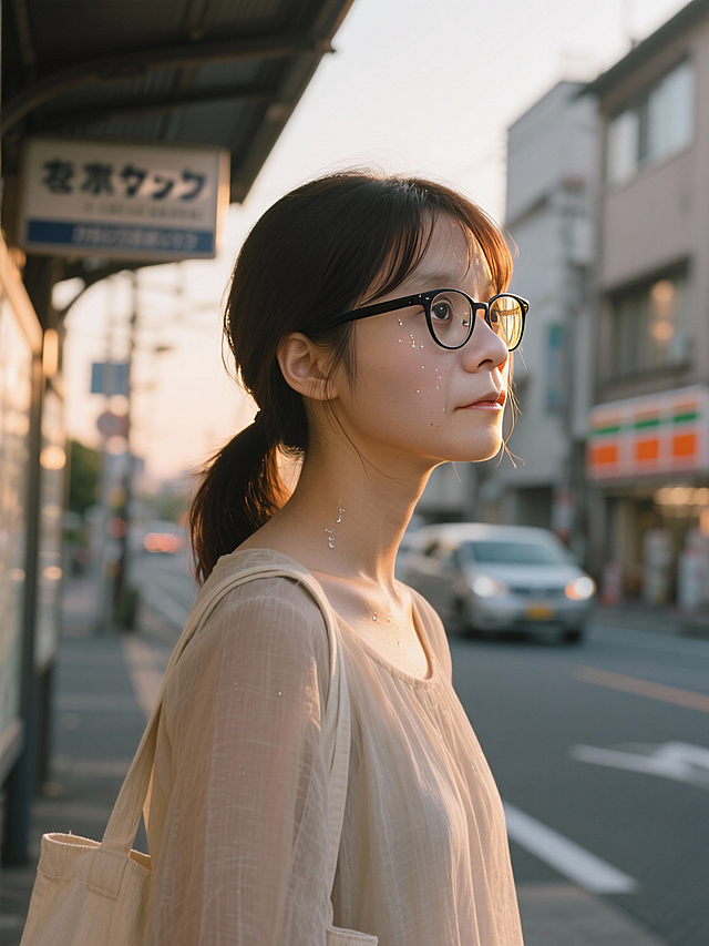 日系胶片风街拍，柔和光影中透出清透文艺感，东亚城市日常场景，实景质感与细腻情绪交融。