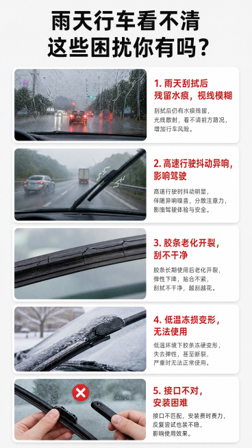 [第2屏] 雨刮使用痛点直击-用户需求唤醒页面。
[氛围/风格] 真实生活场景感，浅灰色简约背景，对比清晰，引发用户共鸣。
[元素布局] 本屏不需要产品图，页面分为上中下三个痛点场景卡片，每个卡片展示预览效果