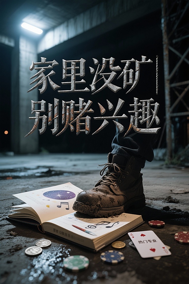 [image-一本厚重的、代表《理想兴趣指南》的精装书被随意丢弃在潮湿昏暗的水泥地上，书页散开，上面画着浪漫的星空、艺术画笔和音乐符号。一只穿着普通工装鞋的脚（象征现实压力）正重重地踩在这本书上，鞋底沾着泥土。脚旁边，散落着几枚象征“筹码”的游戏币和一张写有“热门专业”的扑克牌。背景是虚化的、稳固的钢筋混凝土结构（象征“电气工程”、“医学技术”等务实专业）。画面中央，一行粗砺的、像是由钢筋焊接而成的立体大字：“家里没矿 | 别赌兴趣”。]