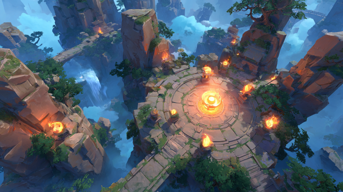 mobile game scene concept, battle scene,二次元国风仙侠风格, RPG mobile game, 45-degree oblique top-down view,预览效果