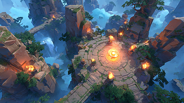 mobile game scene concept, battle scene,二次元国风仙侠风格, RPG mobile game, 45-degree oblique top-down view, Cloud Sea Immortal Gate Sword Trial Platform, circular battle platform suspended above sea of clouds, glowing formation in the center, surrounded by floating immortal mountains, clouds and mist, flying sword array, waterfalls, broken stone pillars, jade railings, immortal gate flags, floating runes, clear and bright immortal xia atmosphere, open space suitable for RPG battles, clear foreground, midground, background levels, clean line art, cel-shading coloring, soft light and shadow --style raw --s 160 --chaos 35 --no realistic, photorealistic, 3D render, Unreal Engine, western fantasy, dark fantasy, sci-fi, cyberpunk, gritty, horror, oil painting, thick painting, empty landscape, modern building, text, logo, watermark