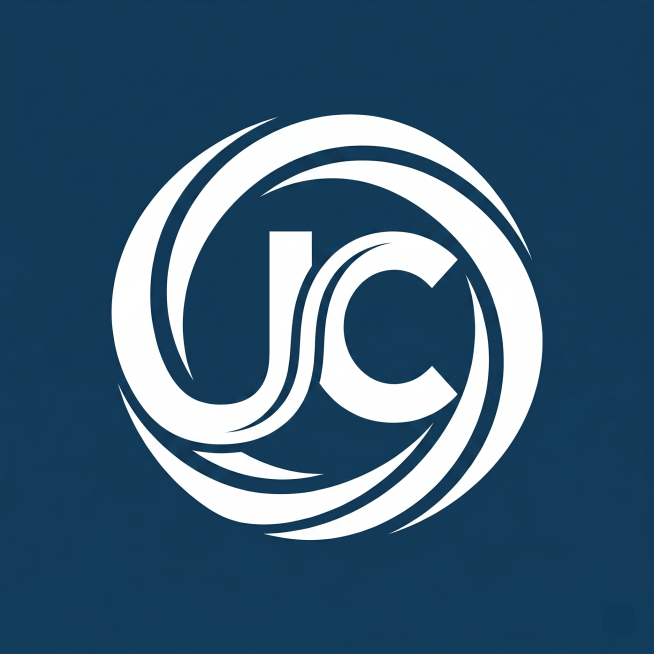 设计一个logo，使用字母J和C进行创意组合，风格参考提供的参考图，平面化设计，现代简约，具有科技感，适合光学高新技术企业，深蓝色背景搭配白色图形，简洁干练预览效果