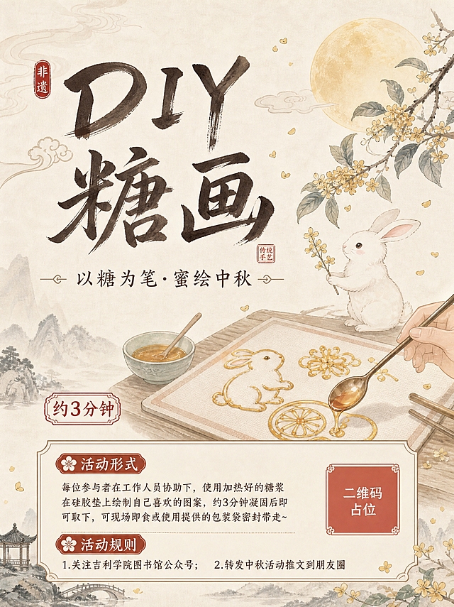 基于参考图重新设计，彻底改变风格：从外卖感的金色立体大字+满版橙黄，改为清雅国风新中式风格，更有文化感和艺术气息，贴合高校图书馆中秋非遗活动气质。

风格方向：国风工笔淡彩 + 雅致留白，低饱和度暖米杏色主调，点缀朱砂红和桂花黄，温润有书卷气，不刺眼不廉价。

版式调整（保留信息结构）：
- 主标题"DIY糖画"改为书法手写体，墨色或深棕色，配细线条印章装饰，不再用金色立体字
- 副标题"以糖为笔·蜜绘中秋"用瘦金体或小楷，放在主标题下方，雅致排版
- 主视觉区：糖画制作插画改为更细腻的国风手绘风格，线条柔美，色彩淡雅，月亮用淡金色晕染，小兔子更灵动含蓄，桂花枝用工笔画法
- 背景：米白宣纸质感，点缀淡墨祥云、桂花飘落、远山淡影，大量留白，呼吸感强
- 底部信息卡片：去掉厚重橙金渐变，改为细线条描边的雅致卡片，米白底配深棕文字，小标题用小印章样式
- "约3分钟"标签改为小巧的朱砂红印章样式

整体感觉：文艺、清雅、有非遗文化底蕴，像美术馆/图书馆的活动海报，而非商业外卖海报。版式精美，留白充足，层次高级。

画面中必须完整呈现以下文字信息：
- 主标题："DIY糖画"
- 副标题："以糖为笔·蜜绘中秋"
- 标签："约3分钟"
- 活动形式：每位参与者在工作人员协助下，使用加热好的糖浆在硅胶垫上绘制自己喜欢的图案，约3分钟凝固后即可取下，可现场即食或使用提供的包装袋密封带走~
- 活动规则：1.关注吉利学院图书馆公众号；2.转发中秋活动推文到朋友圈

画面中所有数字必须精确渲染，不得错位、遗漏或编造。画面中所有信息区域必须填充完整合理的内容，不得出现空白框、空白占位、横线待填写区域、空列表项、空单元格。画面中所有二维码区域使用纯色方块占位符呈现，方块中央标注"二维码占位"文字，严禁生成任何可识别的二维码图案。
