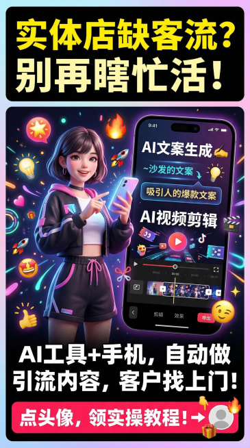 小红书风格竖版营销海报，顶部用黄色加粗字体搭配黑色背景写着“实体店缺客流？别再瞎忙活！”，中间展示AI数字人形象和手机端AI工具界面，界面上有文案生成、视频剪辑的动态效果，下方用白色字体写着“AI工具预览效果