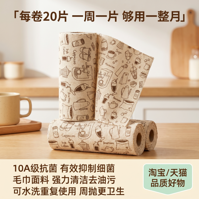 [主图-5] 手撕抹布规格卖点总结图，家居治愈风。
[氛围风格] 干净实惠感，促进行下单转化
[画质] 商业摄影质感、光线柔和通透、产品清晰真实、画面干净高级
[元素] 一卷完整的手撕抹布产品居中，旁预览效果