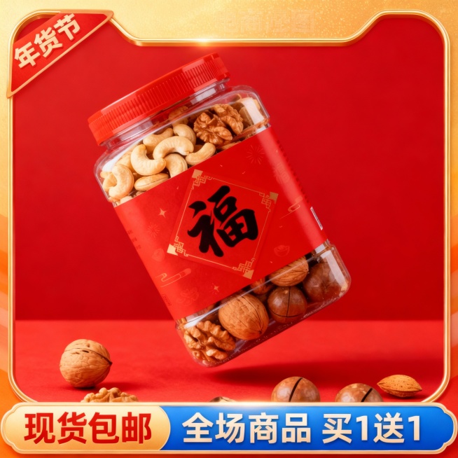 电商主图海报，海报四周装饰金色边框（顶边设计），左上三角标签写着“年货节”，底部装饰长条双色标签栏（顶边设计，左侧红金色块“现货包邮”，右侧蓝色色块“全场商品 买1送1”），主体悬浮在画面中心（占比3预览效果