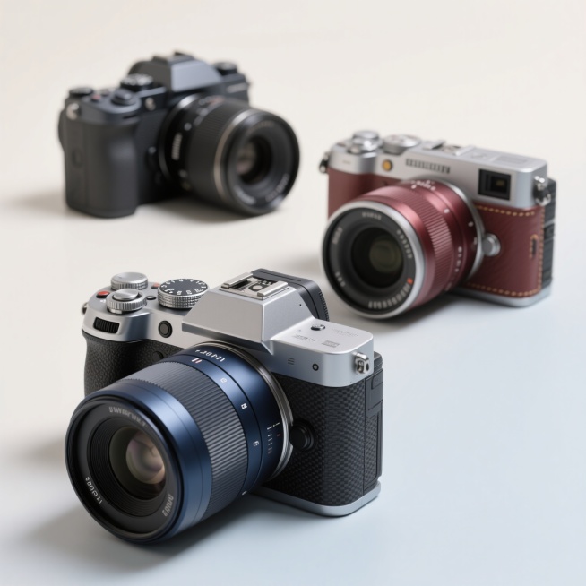 高分辨率摄影级产品渲染，专业单反相机，不同配色（如深空灰、冰川银、海军蓝、酒红色），不同样式（复古旁轴造型、现代无反设计、经典单反布局、模块化概念款），不同材质（磨砂金属机身、碳纤维纹理、哑光皮革包裹、光滑钢琴漆面板、阳极氧化铝），浅色背景（米白色、浅灰色、淡蓝色渐变），精确的产品细节展示，清晰的镜头结构，细腻的按钮与拨盘质感，柔和均匀的无影光源，高对比度，锐利的边缘，专业产品摄影风格，突出材……预览效果