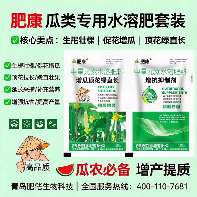 基于原图生成拼多多1:1正方形电商主图，突出产品生根壮棵促花增瓜核心卖点，展示肥康瓜类专用肥料套装，绿色农业风格，重点突出功效，适合拼多多搜索展示预览效果