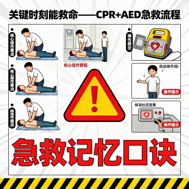 大众急救科普插画，标题为「关键时刻能救命——CPR+AED急救流程」。左侧用分步卡通图示展示基础心肺复苏步骤，标注核心操作要点；右侧用分步图示展示自动体外除颤器使用流程，添加操作提示；底部标注急救记忆预览效果