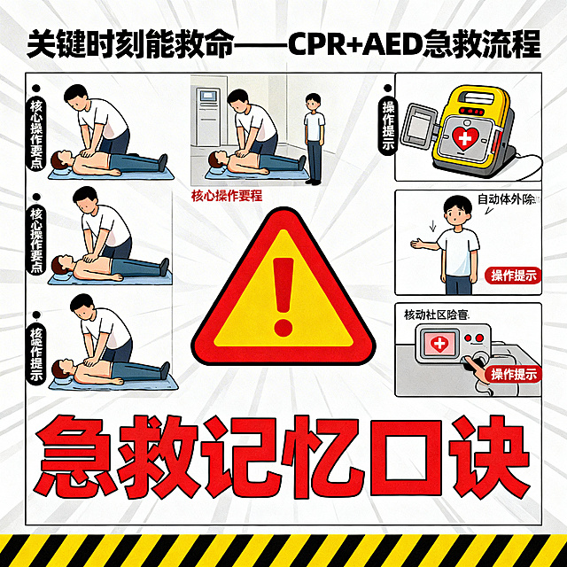 大众急救科普插画，标题为「关键时刻能救命——CPR+AED急救流程」。左侧用分步卡通图示展示基础心肺复苏步骤，标注核心操作要点；右侧用分步图示展示自动体外除颤器使用流程，添加操作提示；底部标注急救记忆口诀。整体采用红黄色警示配色，大尺寸图标突出重点，漫画风格通俗易懂，适合社区科普宣传。